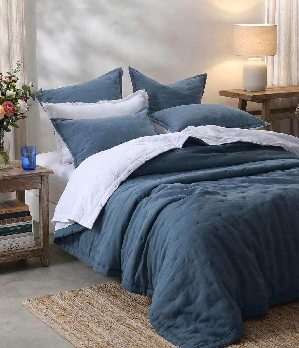 Laundered Linen Bedspread Set Ocean