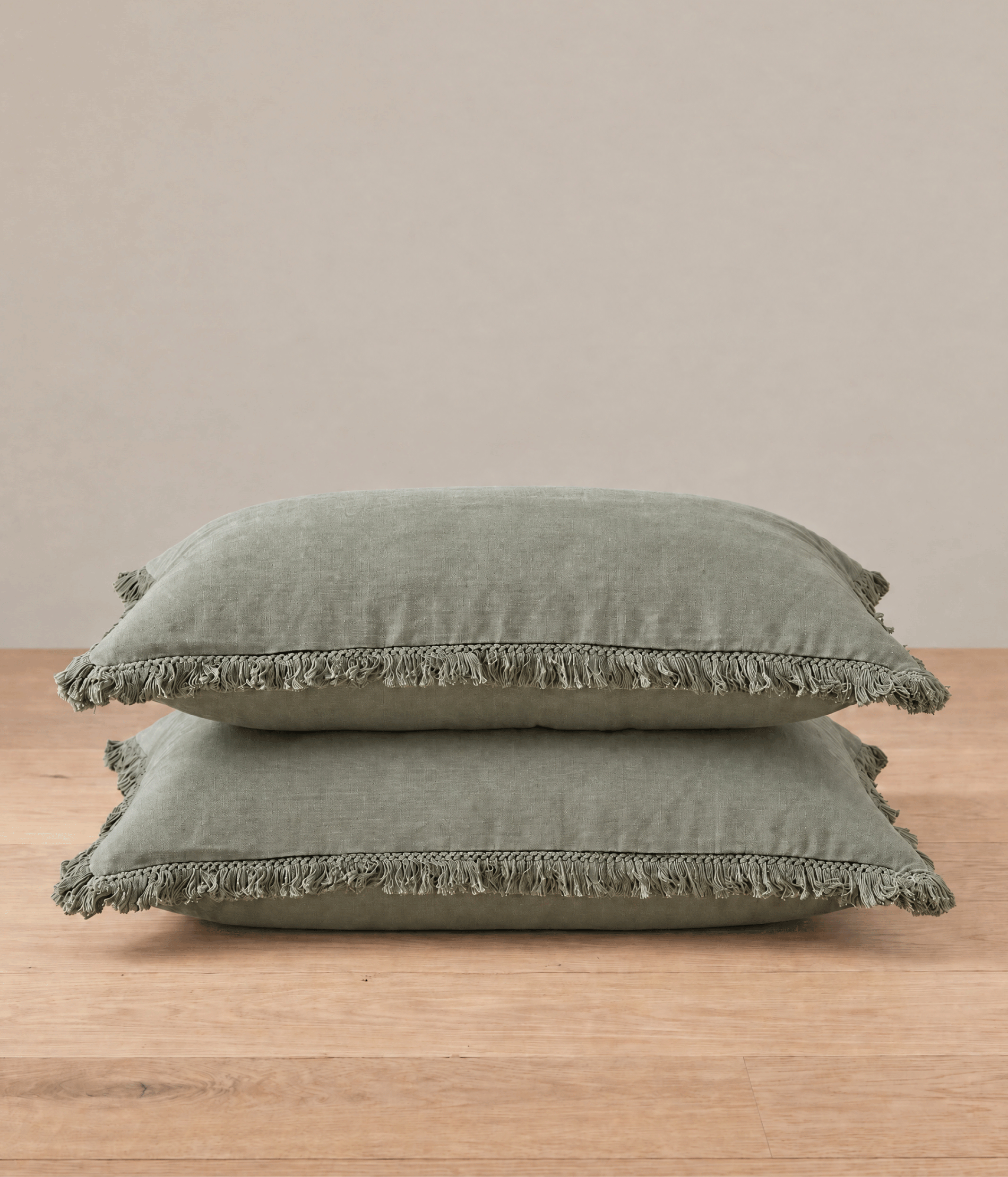 Laundered Linen Tassel Pillowcover Set Olive
