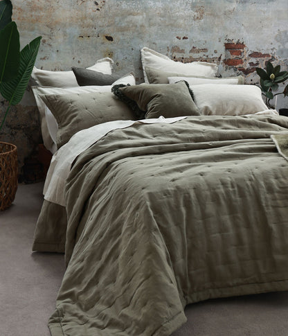 Laundered Linen Bedspread Set Olive