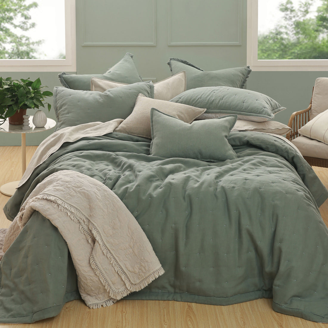 Laundered Linen Bedspread Set Seagrass