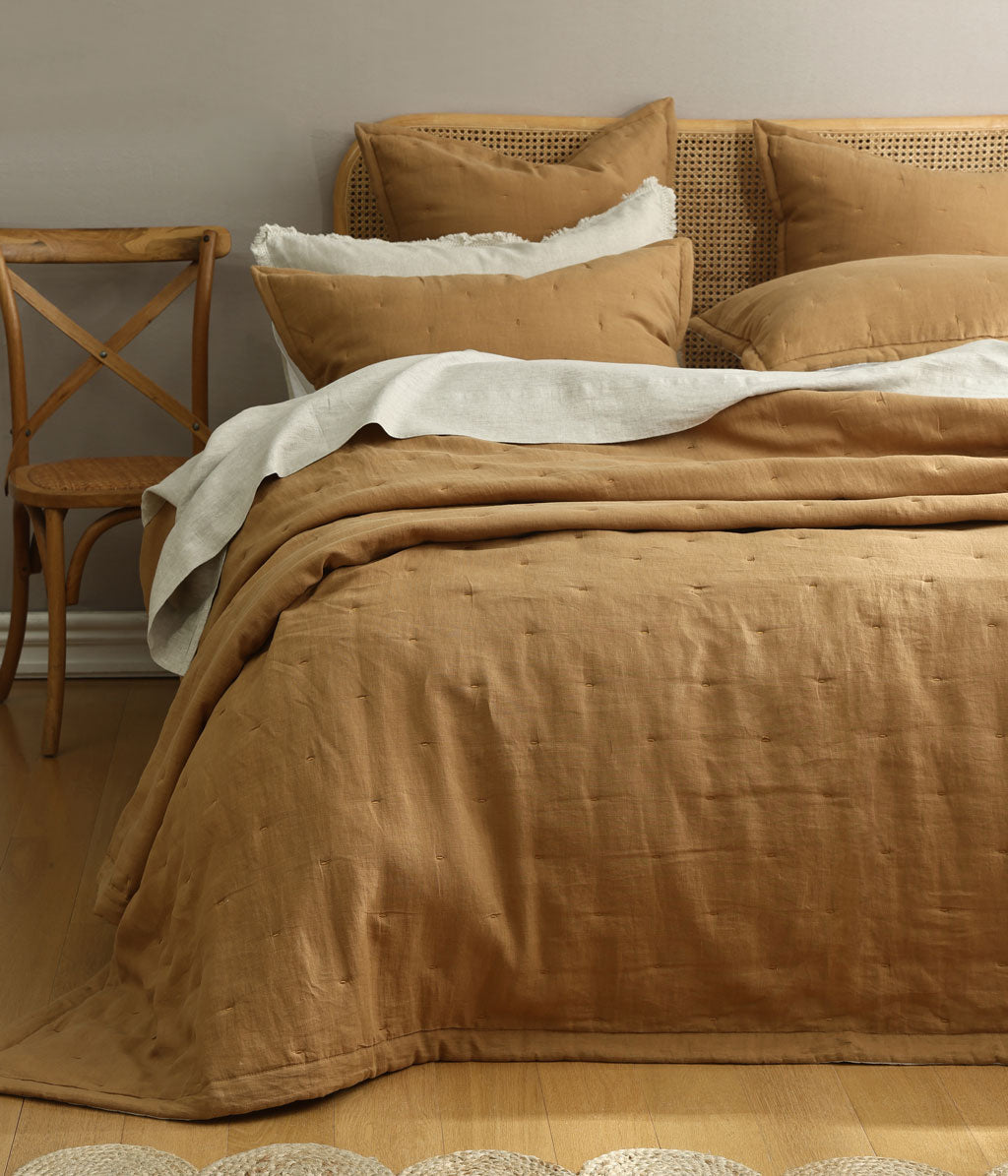 Laundered Linen Bedspread Set Cumin
