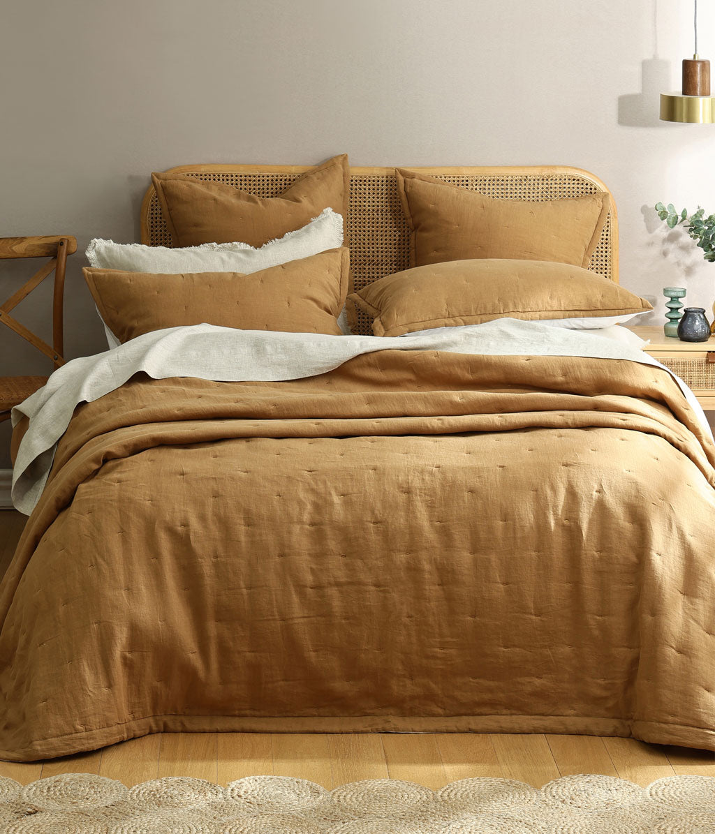 Laundered Linen Bedspread Set Cumin