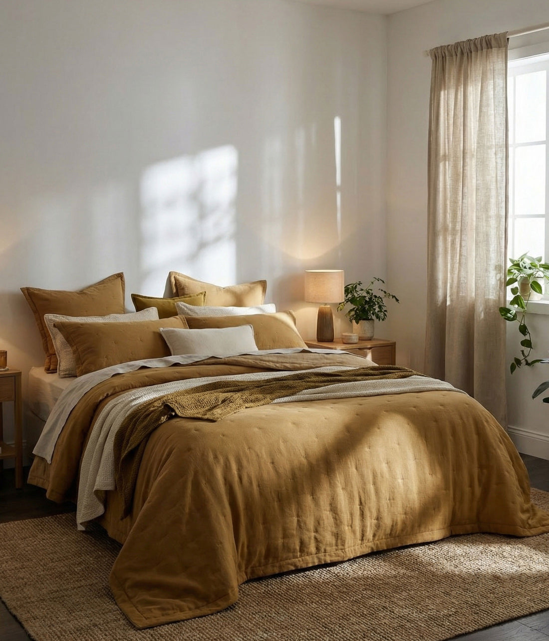 Laundered Linen Bedspread Set Cumin