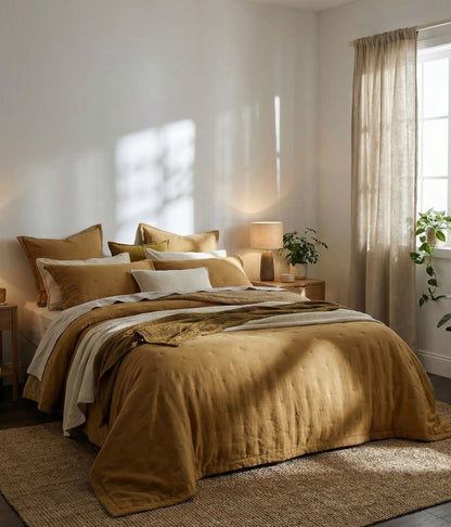 Laundered Linen Bedspread Set Cumin