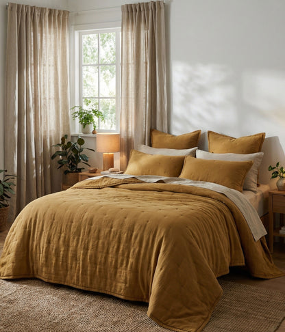 Laundered Linen Bedspread Set Cumin