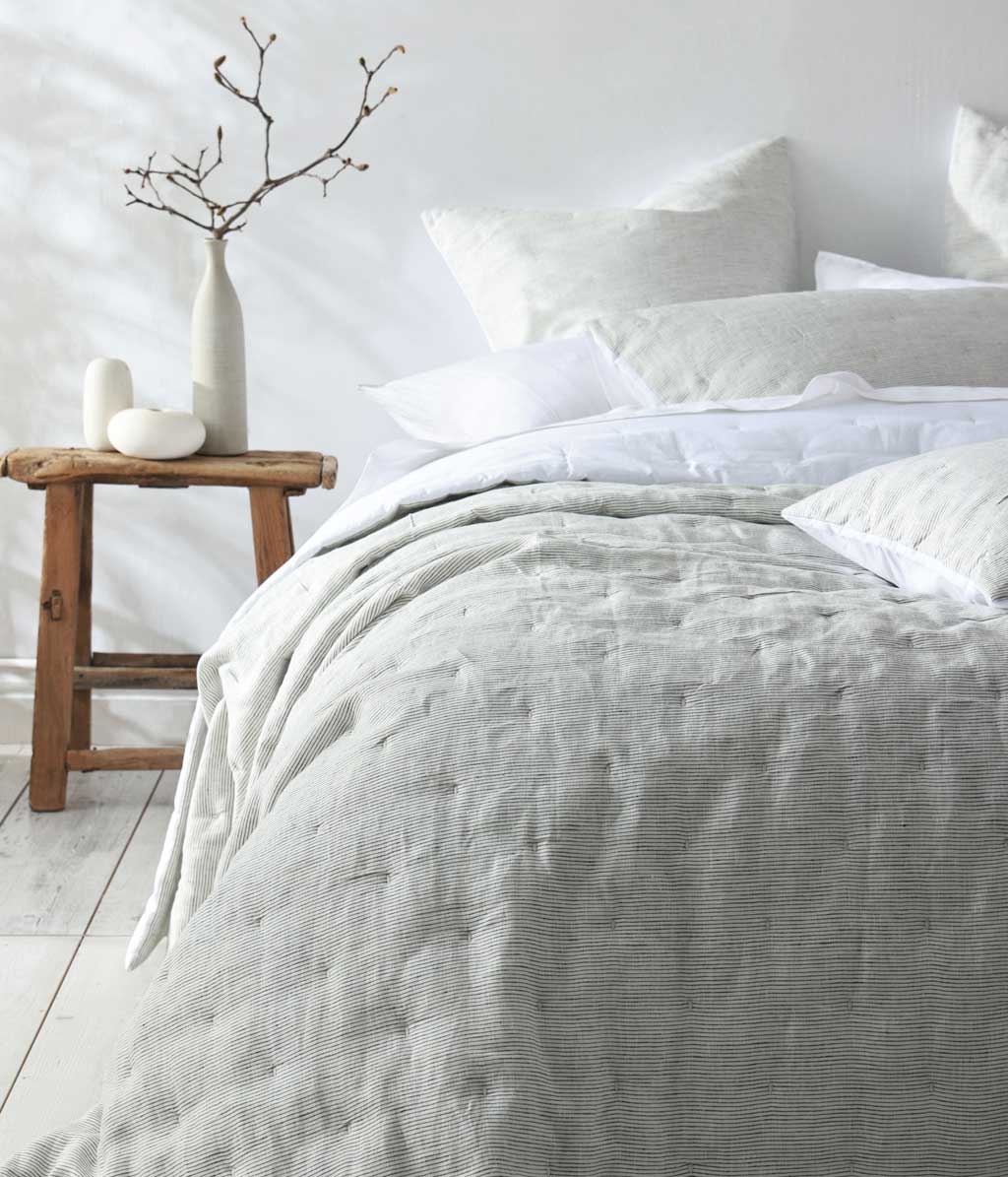 Laundered Linen Pinstripe Bedspread Set Cloud