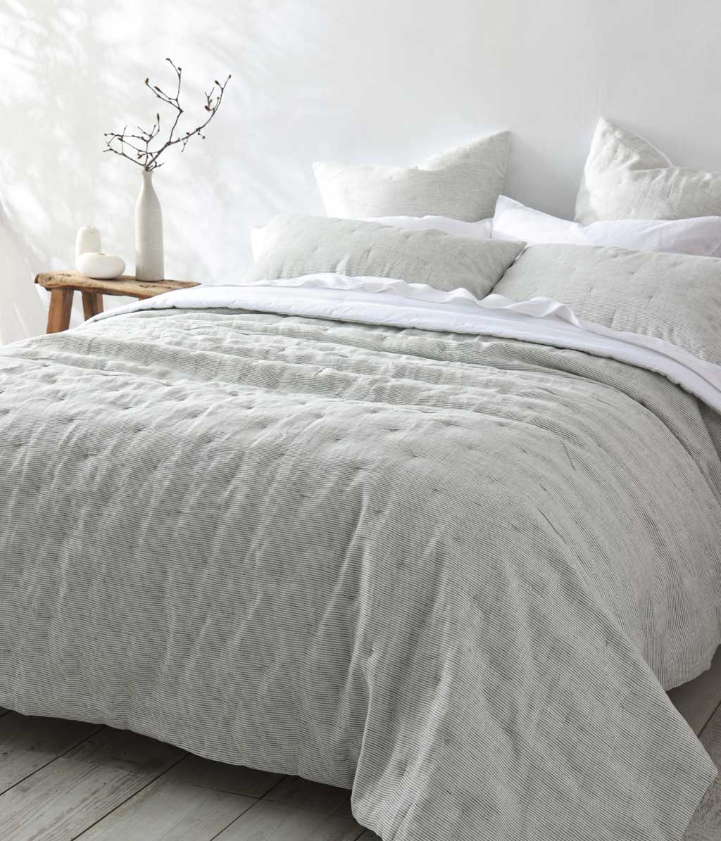 Laundered Linen Pinstripe Bedspread Set Cloud