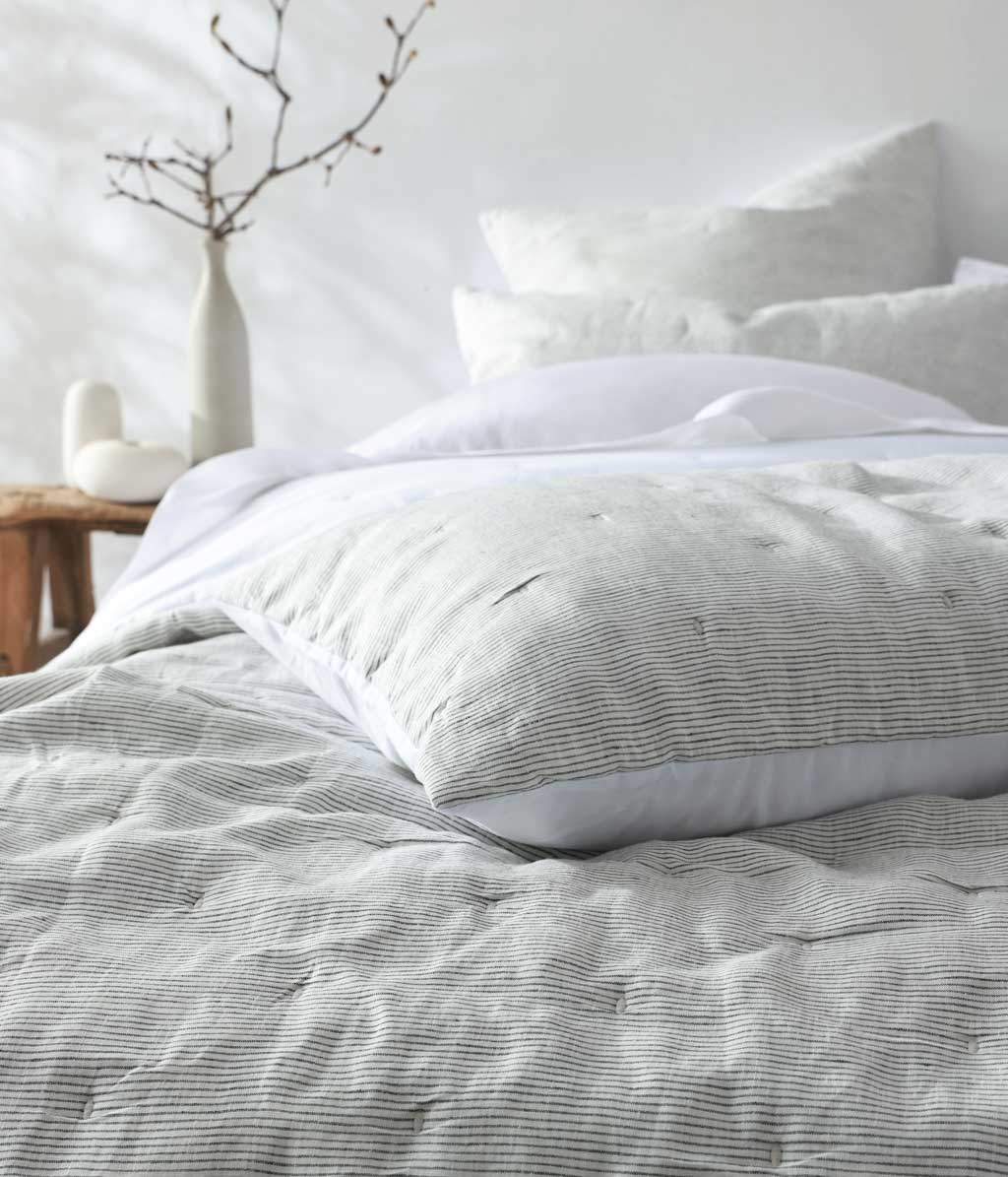 Laundered Linen Pinstripe Bedspread Set Cloud