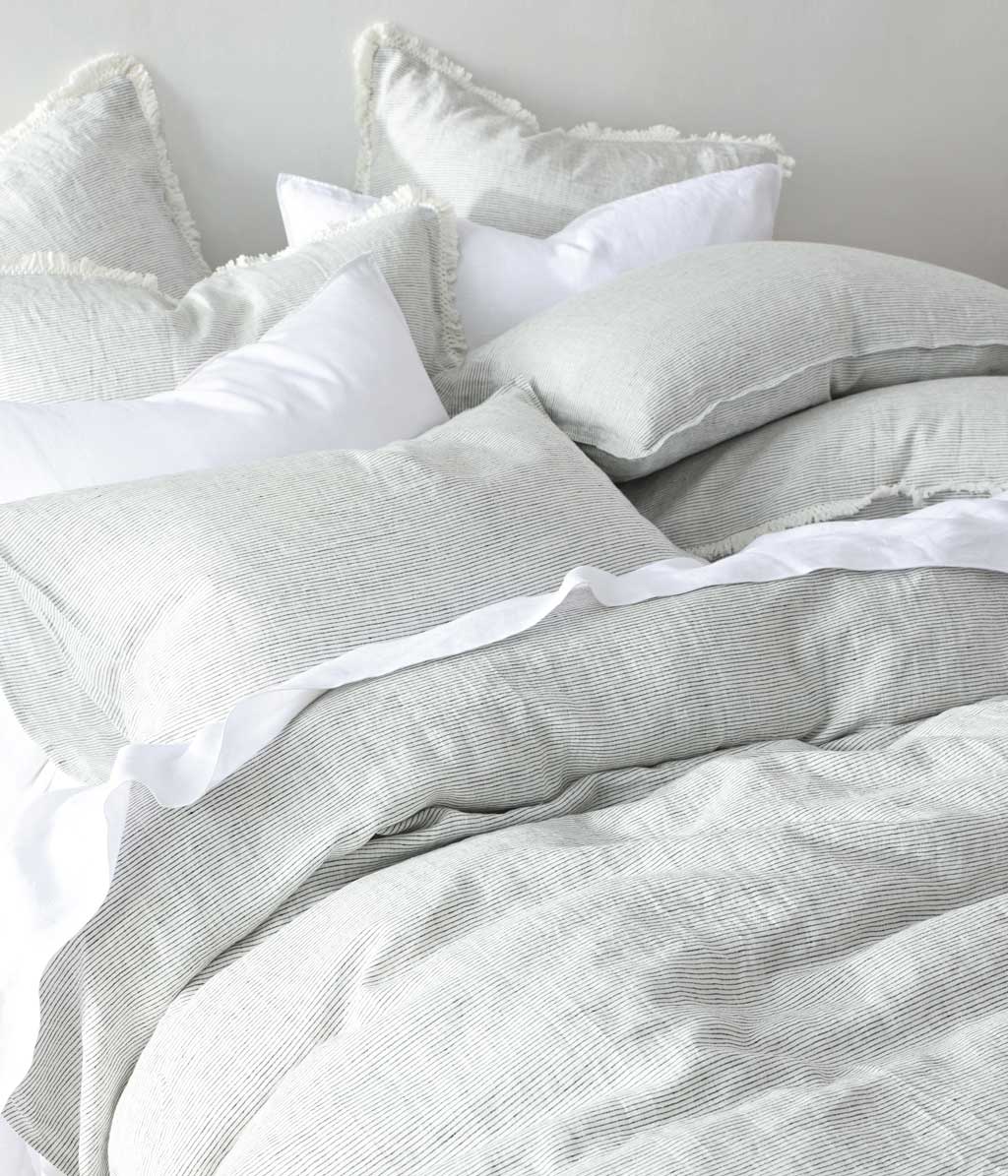 Laundered Linen Pinstripe Tassel Pillowcase Set Cloud