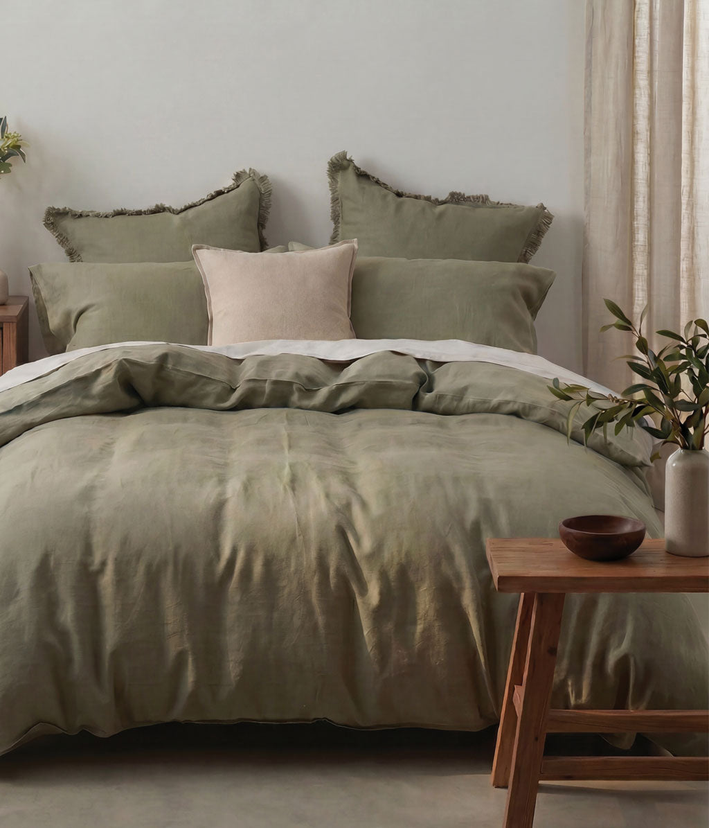 Laundered Linen Duvet Set Olive