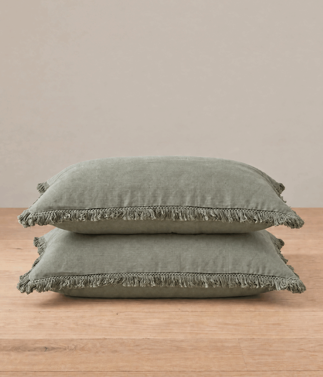 Laundered Linen Tassel Pillowcover Set Olive